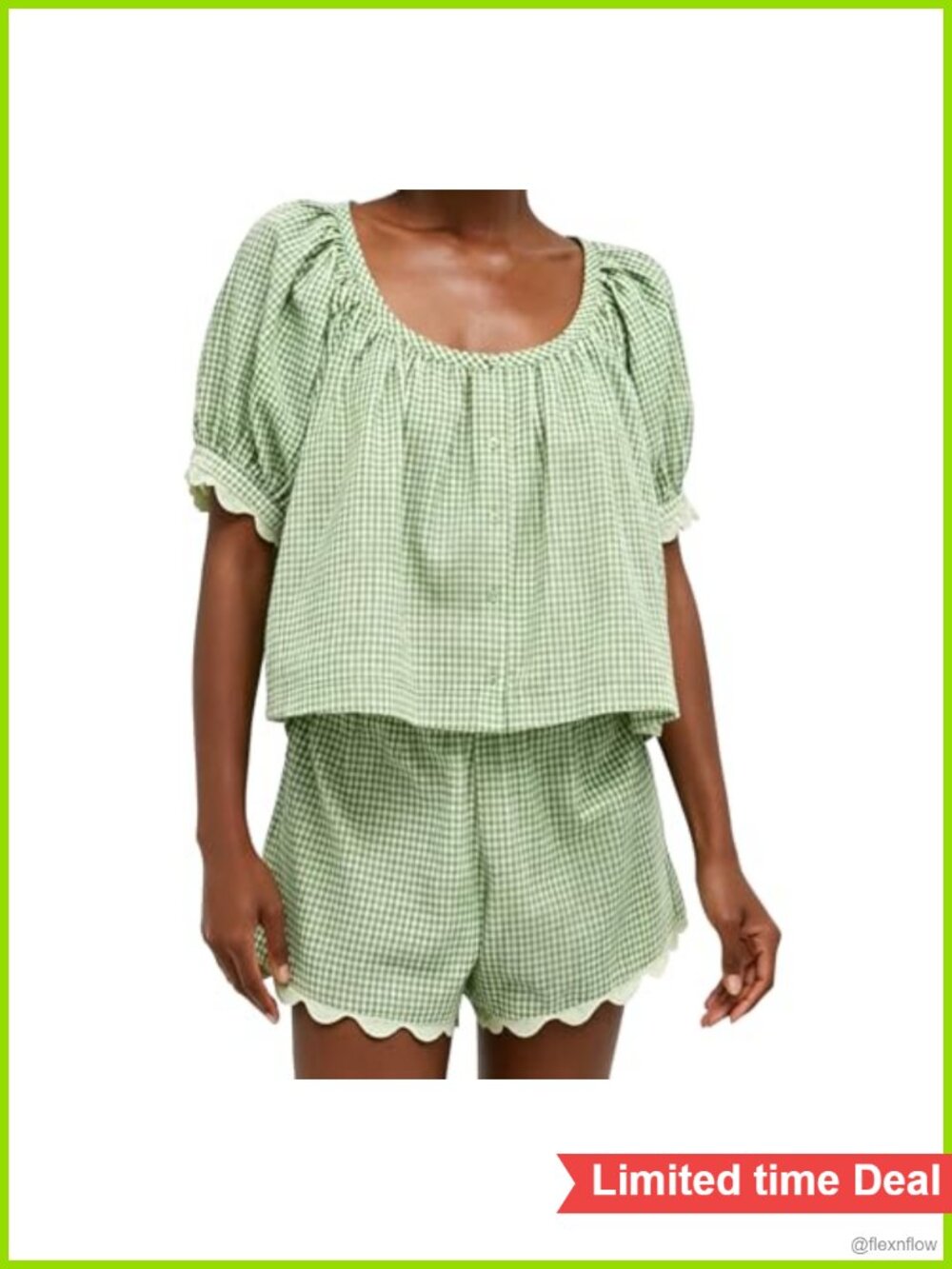 Women's Gingham Two Piece Short Set Puff Sleeve Top Scalloped Trim